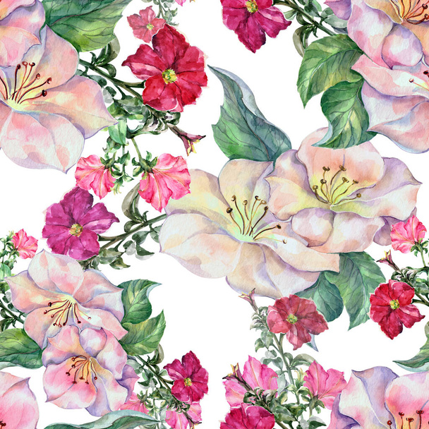 Spring flowers painting in watercolor. Seamless pattern on white background. Illustration for decoration. - Photo, image