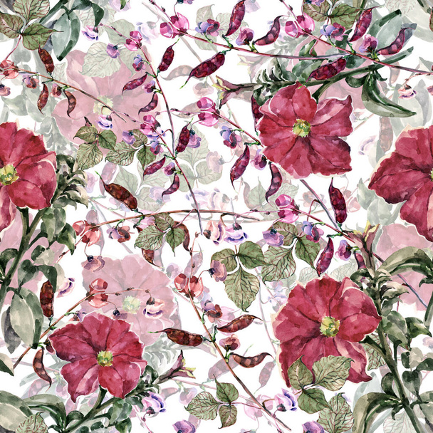 Rét virágok haricot petúnia festmény akvarell. Zökkenőmentes minta fehér háttér. Dekorációs illusztráció. - Fotó, kép