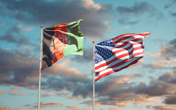 Hermosas banderas nacionales de Estados Unidos y Afganistán juntas en el fondo del cielo. Concepto de obra de arte 3D.  - Foto, Imagen