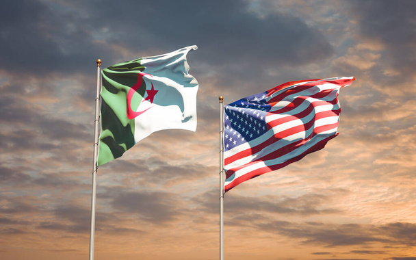 Beaux drapeaux nationaux des États-Unis et de l'Algérie ensemble au fond du ciel. Concept d'illustration 3D.  - Photo, image
