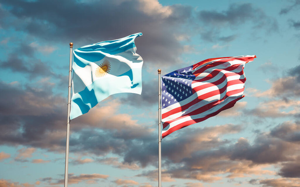 Belas bandeiras estatais nacionais dos EUA e da Argentina juntas no fundo do céu. Conceito de arte 3D.  - Foto, Imagem