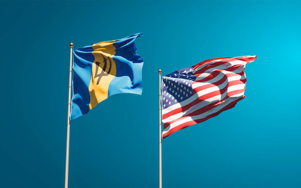 Krásné národní vlajky USA a Barbadosu společně na pozadí oblohy. Koncept 3D uměleckých děl.  - Fotografie, Obrázek