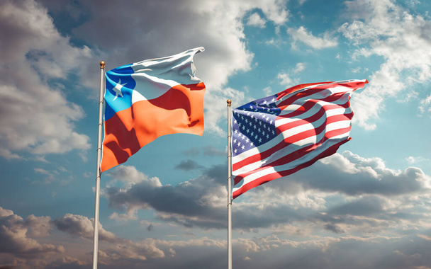 Όμορφες εθνικές σημαίες των ΗΠΑ και της Χιλής μαζί στο φόντο του ουρανού. Έννοια τρισδιάστατης τέχνης.  - Φωτογραφία, εικόνα