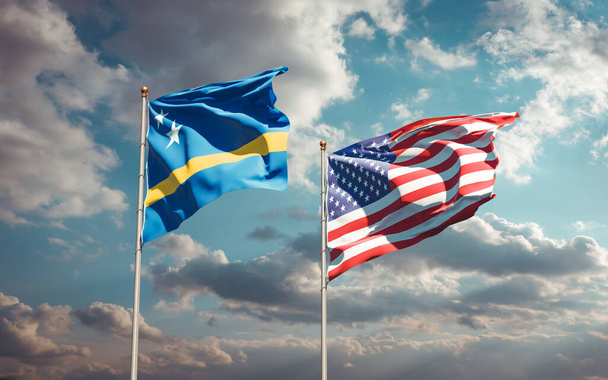 Hermosas banderas estatales nacionales de EE.UU. y Curazao juntos en el fondo del cielo. Concepto de obra de arte 3D.  - Foto, imagen
