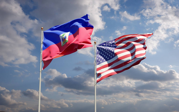 Όμορφες εθνικές σημαίες της Αϊτής και των ΗΠΑ μαζί στο φόντο του ουρανού. Έννοια τρισδιάστατης τέχνης.  - Φωτογραφία, εικόνα