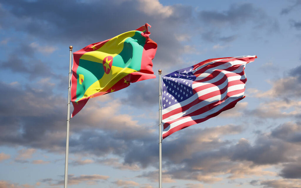 Lindas bandeiras estatais nacionais de Granada e EUA juntas no fundo do céu. Conceito de arte 3D.  - Foto, Imagem