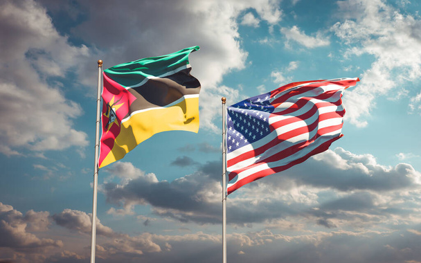 Lindas bandeiras estatais nacionais de Moçambique e EUA juntas no fundo do céu. Conceito de arte 3D.  - Foto, Imagem