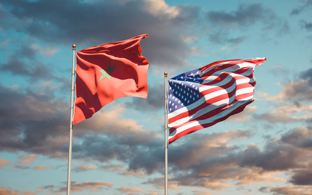 Beaux drapeaux d'État nationaux du Maroc et des États-Unis ensemble au fond du ciel. Concept d'illustration 3D.  - Photo, image