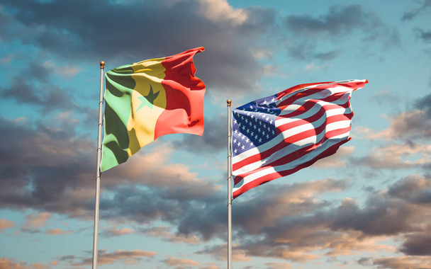 Krásné národní vlajky Senegalu a USA společně na obloze pozadí. Koncept 3D uměleckých děl.  - Fotografie, Obrázek