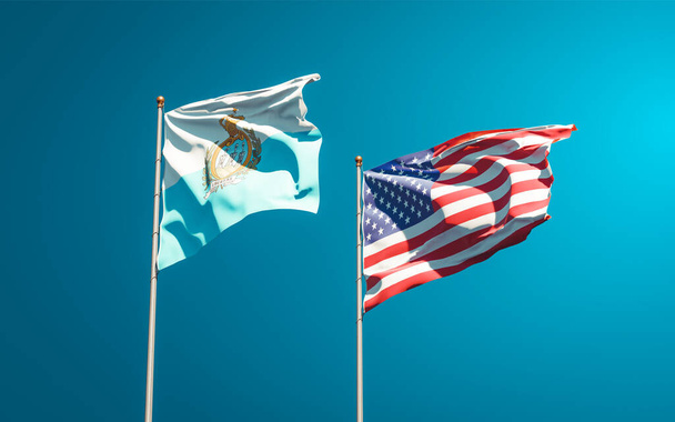 Piękne flagi państwowe San Marino i USA razem na tle nieba. Koncepcja grafiki 3D.  - Zdjęcie, obraz