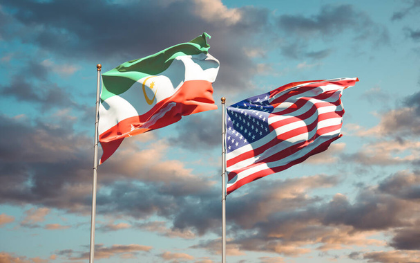 Красивые национальные государственные флаги Бангсаморо и США вместе на фоне неба. Концепция 3D оформления.  - Фото, изображение