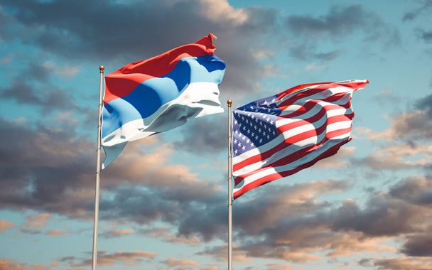 Beaux drapeaux d'État nationaux de la Republika Srpska et des États-Unis ensemble au fond du ciel. Concept d'illustration 3D.  - Photo, image