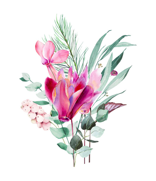 Υδατογραφία Ροζ κυκλάμινο και poinsettia clipart με φύλλα ευκαλύπτου. Ροζ Χριστουγεννιάτικη διακόσμηση για ψηφιακή λεύκανση, Χειμωνιάτικο μπουκέτο με ροζ λουλούδια - Φωτογραφία, εικόνα