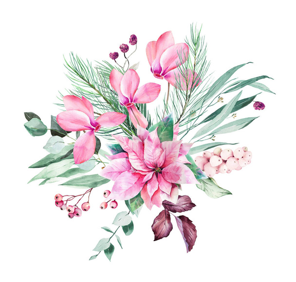 Υδατογραφία Ροζ κυκλάμινο και poinsettia clipart με φύλλα ευκαλύπτου. Ροζ Χριστουγεννιάτικη διακόσμηση για ψηφιακή λεύκανση, Χειμωνιάτικο μπουκέτο με ροζ λουλούδια - Φωτογραφία, εικόνα