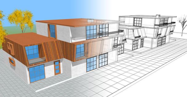 Stadthaus architektonische Skizze 3D-Illustration - Foto, Bild