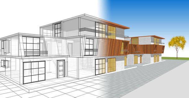 casa adosada boceto arquitectónico 3d ilustración - Foto, imagen