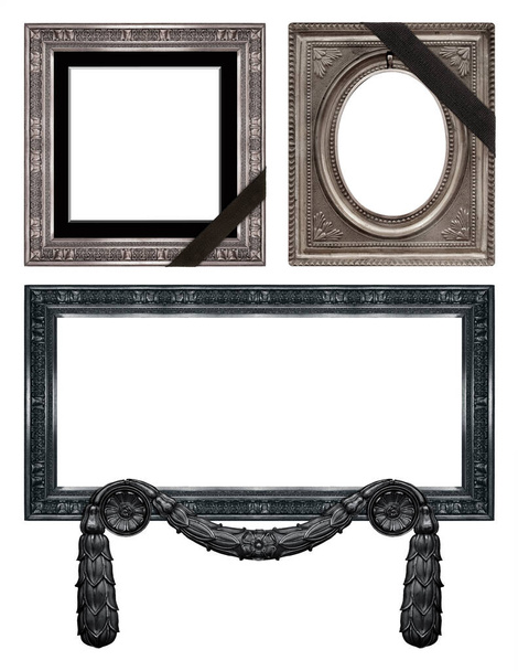 Conjunto de marcos con cinta de luto negro para pinturas, espejos o fotos aisladas sobre fondo blanco - Foto, Imagen