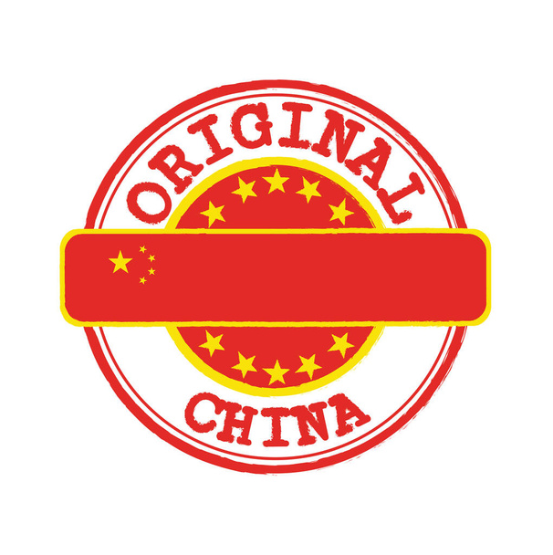 Vector Stamp of Original logo with text China and Tying in the middle with nation Flag. Grunge Rubber Texture Stamp of Original from China. - Vector, Image