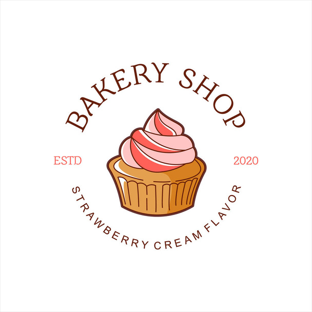 cartoni animati muffin pasticceria logo distintivo modello. vettore negozio di pane biologico e etichetta di ispirazione di design - Vettoriali, immagini
