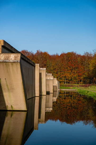 Betonblöcke im Waterloopbos Vollenhove Flevoland Niederlande, mit denen getestet wird, wie Wasser auf bestimmte Bauten reagiert. Herbst im Wald - Foto, Bild