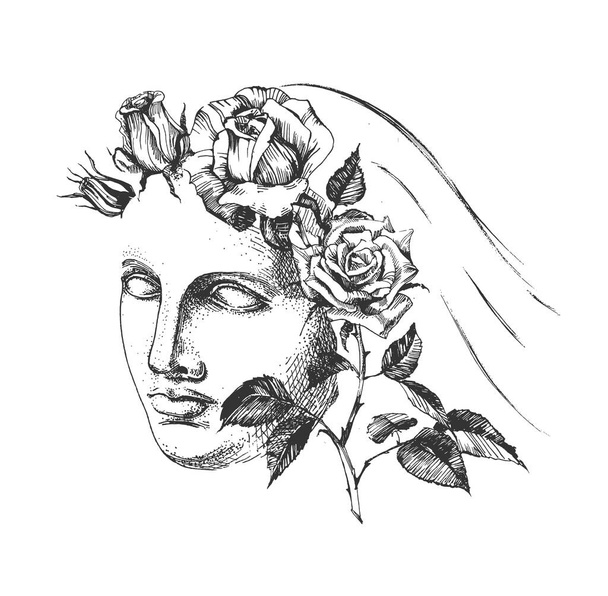 Vector hand drawn illustration of Aphrodite (Venus de Milo) face with blooming rose flower wreath and veil sketch portrait in vintage engraved style. Isolated on white background - Вектор, зображення