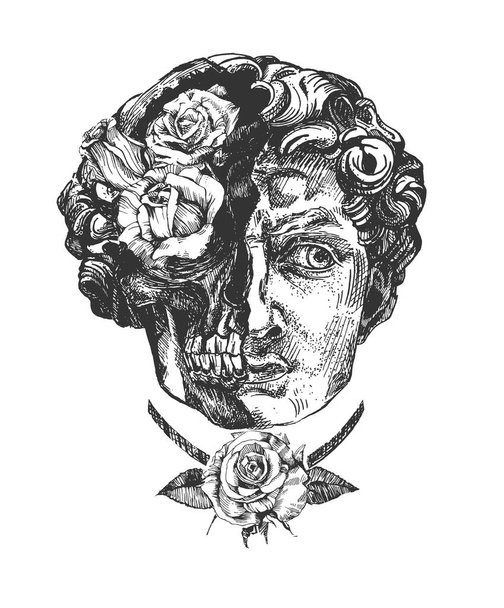 Vector hand drawn illustration of halved ancient David statue face and skull with rose flower decoration sketch portrait in vintage engraved style. Isolated on white background. - Vektor, obrázek
