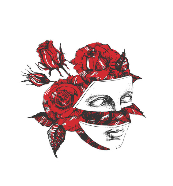 Vector hand drawn illustration of Aphrodite fragmented face over beautiful red rose bouquet portrait in vintage engraved style. Isolated on white background. - Vektor, obrázek