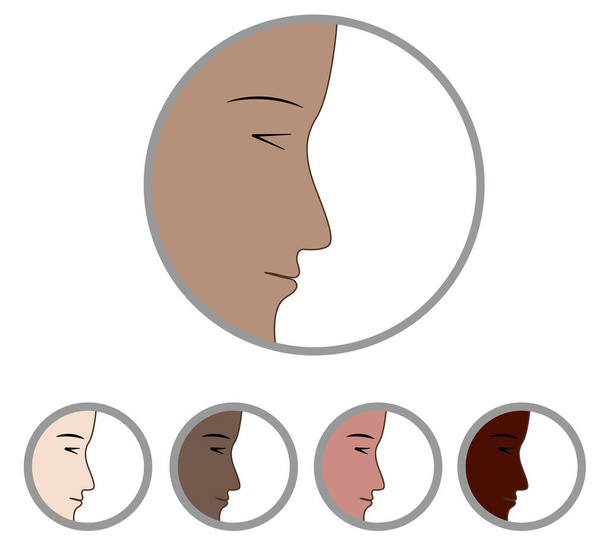  Human's faces from the side of different skin colors. Set of vector icons. Can be used for profile, avatar, print, logo, icon and more.  - Vector, Image