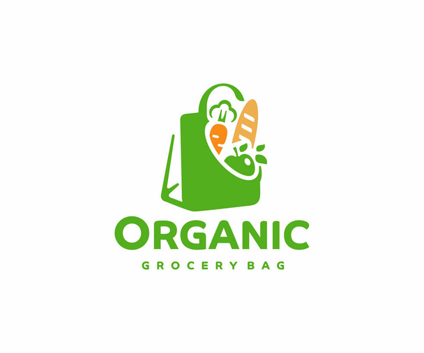 Papierowa torba z logo żywności. wielokrotnego użytku torba produktów ze zdrowym wegetariańskim wegetariańskim wzorem wektora żywności. Zakupy w logotypie supermarketu - Wektor, obraz