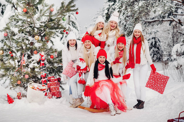 A large group of girls near the Christmas tree in the winter forest with gifts.Girls in red and white clothes in a snow-covered garden next to a decorated Christmas tree. - Fotoğraf, Görsel