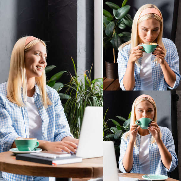 collage of smiling freelancer drinking coffee and typing on laptop in cafe, blurred foreground - Photo, Image