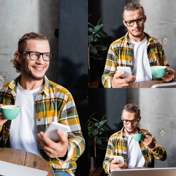 collage of young, emotional freelancer messaging on mobile phone while holding cup of coffee in cafe, blurred foreground - Фото, изображение