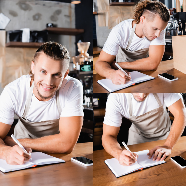 collage of young handsome barista writing in notebook near mobile phone with blank screen on bar counter - Photo, Image