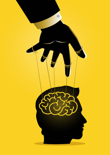 An illustration of a puppet master controlling mans mind - Vector, Image