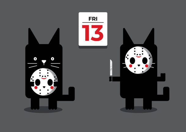 An illustration of a set of cute black cat wearing a mask on Friday the 13th - Vector, Image