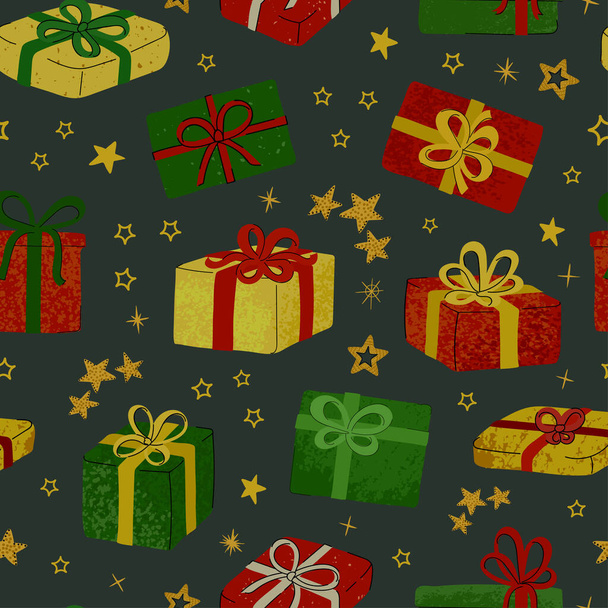 Бесшовный фон с красочными ручными рисунками рождественских подарков - Вектор,изображение