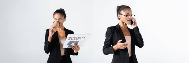 collage van Afrikaanse Amerikaanse zakenvrouw met business krant en koffie te gaan en te praten op smartphone geïsoleerd op grijs, banner - Foto, afbeelding