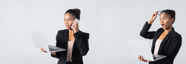 collage de mujer de negocios afroamericana con gafas hablando en smartphone y sosteniendo portátil aislado en gris, banner - Foto, imagen