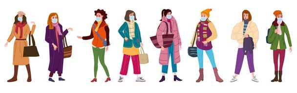 Group of womans wearing surgical masks, prevention and safety. Quarantine coronavirus 2019-nCoV 2 wave epidemic precautions. Trendy style vector illustration isolated - Vektör, Görsel