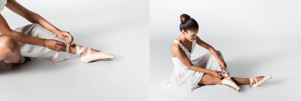 collage of graceful african american ballerina in dress adjusting pointe shoes on white background, banner - Zdjęcie, obraz