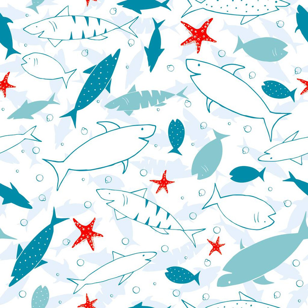 Blue funny print with sharks, fish and star. Print for fabric and wrapping paper. - Vektori, kuva