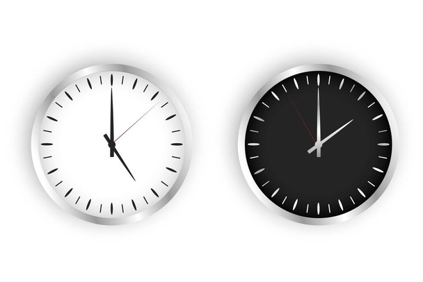 Relógio na parede, preto e branco. Uma seta no mostrador. Forma redonda. Dois tipos, escuro e claro. A afiação metálica. Imagem vetorial - Vetor, Imagem