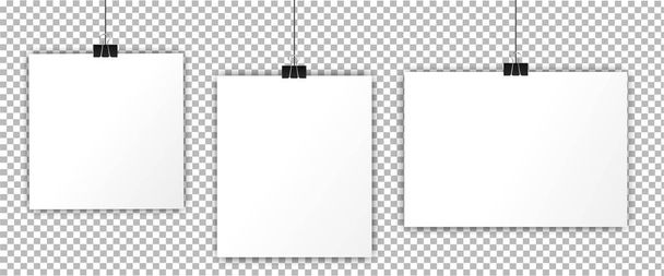 White sheets of A4 paper, fastened with a clip, are hung on a rope. Simple, isolated, blank, white page layout. Vector illustration on a transparent background. - Vector, Image