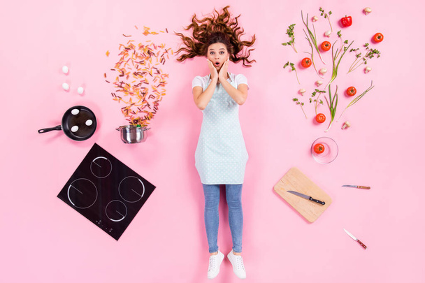 Top above high angle view full body photo of astonished girl prepare fresh tasty delicious menu impressed touch hands face flat lay isolated over pastel color background - Foto, Imagem