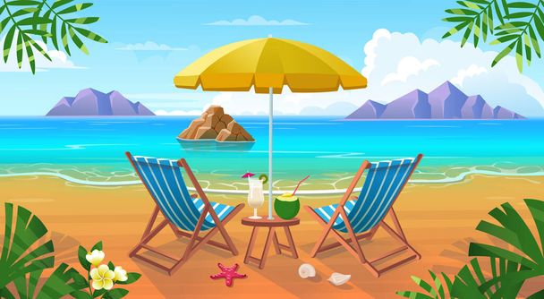  Playa tropical de verano con tumbonas, mesa con cócteles, sombrilla, montañas e islas. Paisaje junto al mar, vacaciones en la naturaleza, mar o océano.Vector ilustración de dibujos animados. - Vector, imagen