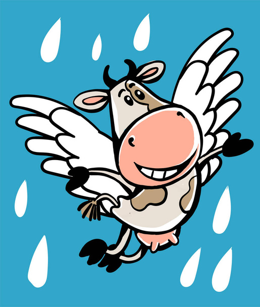 Vector animal de dibujos animados. Una alegre vaca divertida vuela en sus alas. Sobre un fondo azul. Gotas de leche. El concepto de negocio, publicidad, comercio, beneficios, bonos, descuentos y promociones. - Vector, imagen