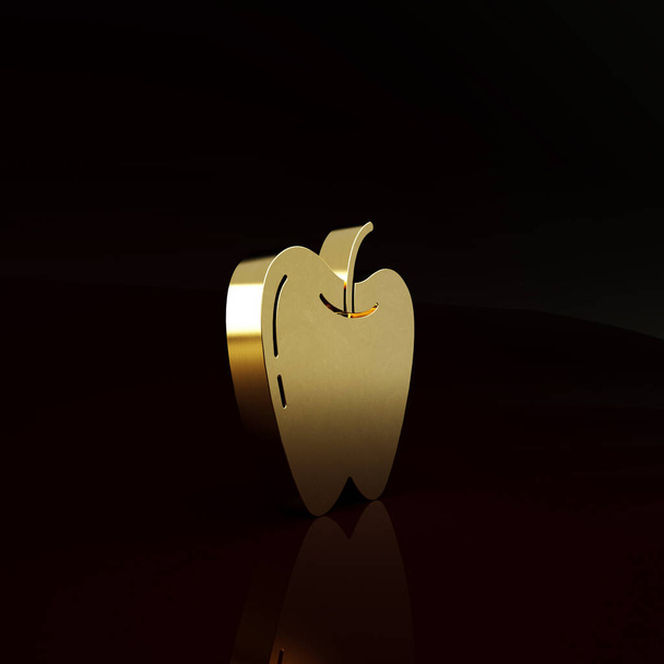 Ícone de maçã dourada isolado no fundo marrom. Fruta com símbolo de folha. Conceito de minimalismo. 3D ilustração 3D render. - Foto, Imagem