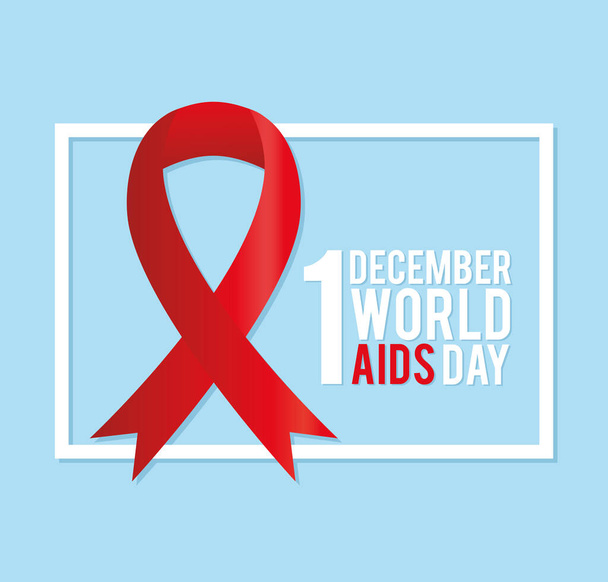 1 december world aids day lettering with a big red ribbon in left on a square - Vector, Image