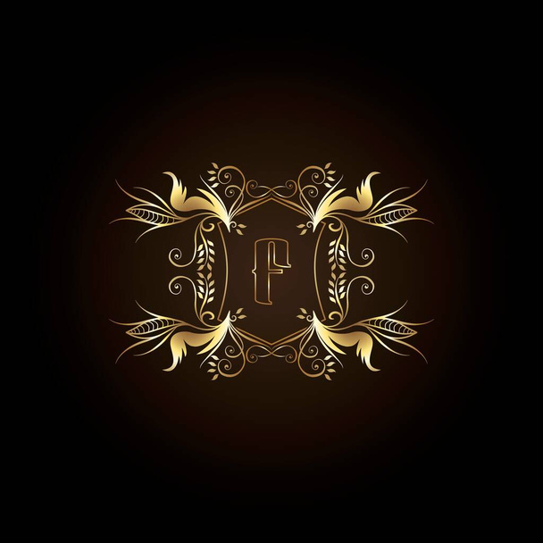 Letra inicial F Logo Marco de oro Insignia de lujo Adorno decorativo adornado Diseño vectorial para boda, boutique y lujo Identidad empresarial - Vector, imagen