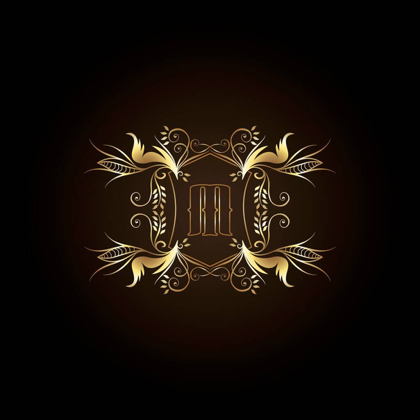 Lettera iniziale M Logo Gold Frame Luxury Badge Decorative Ornate Ornament Vector Design per matrimoni, boutique e lussi business identity - Vettoriali, immagini